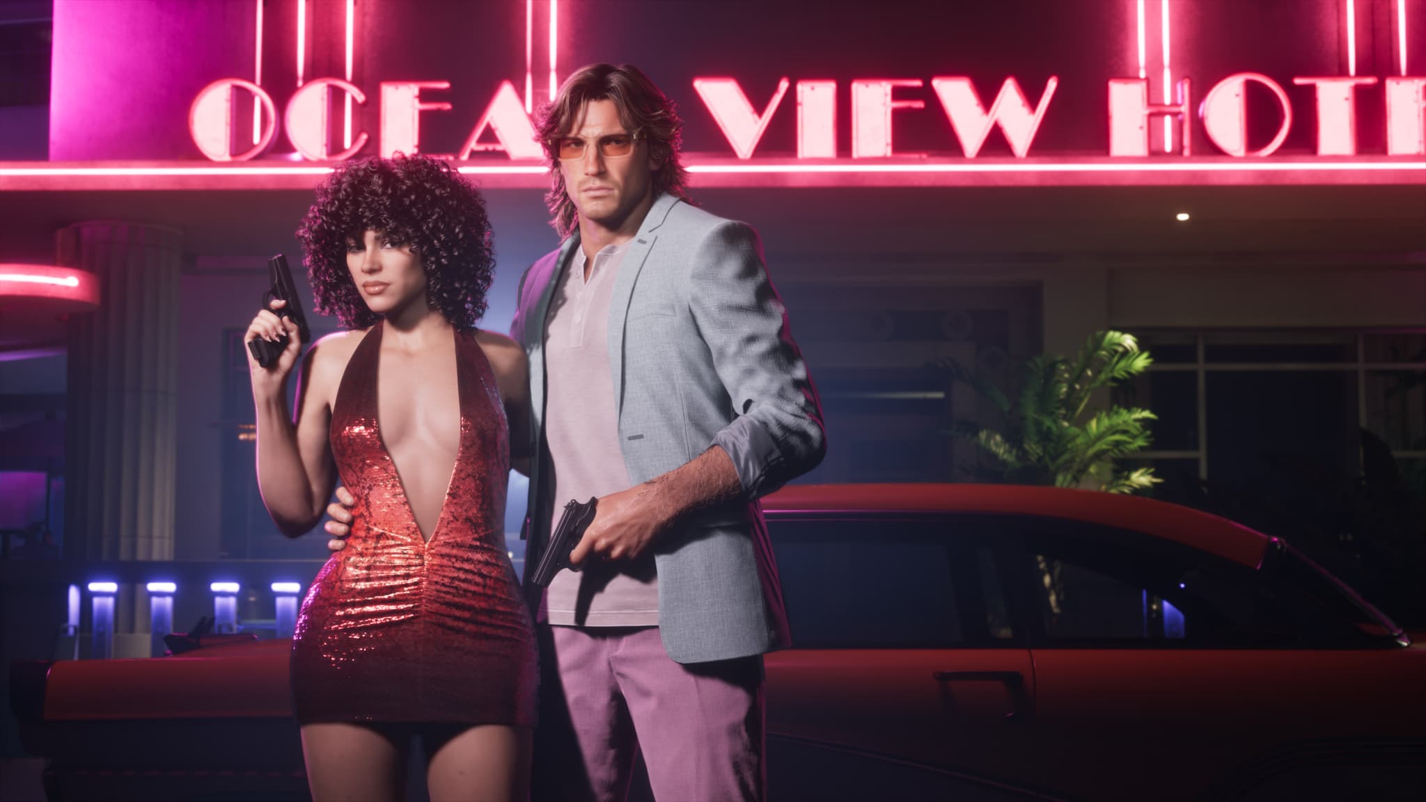 Lucia and Jason standing under the neon sign of the Ocean View Hotel in GTA 6, pistols in hand