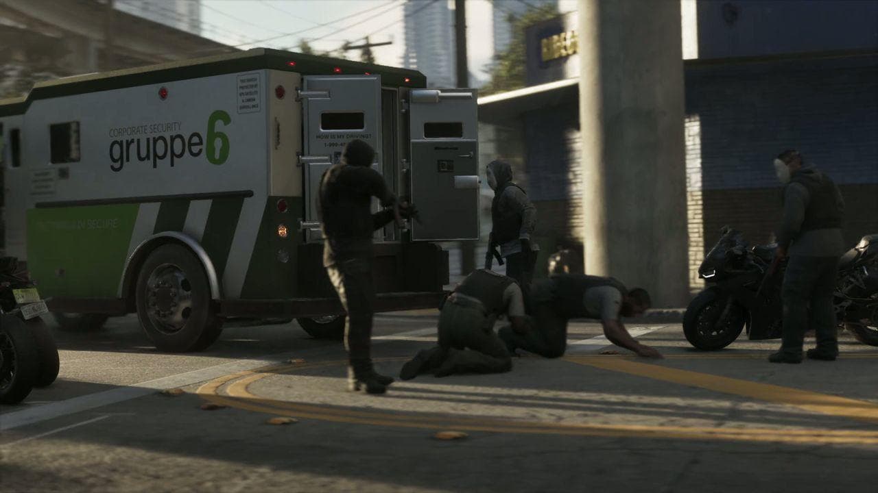 Masked robbers holding people on the ground beside a Gruppe 6 armoured van in GTA 6